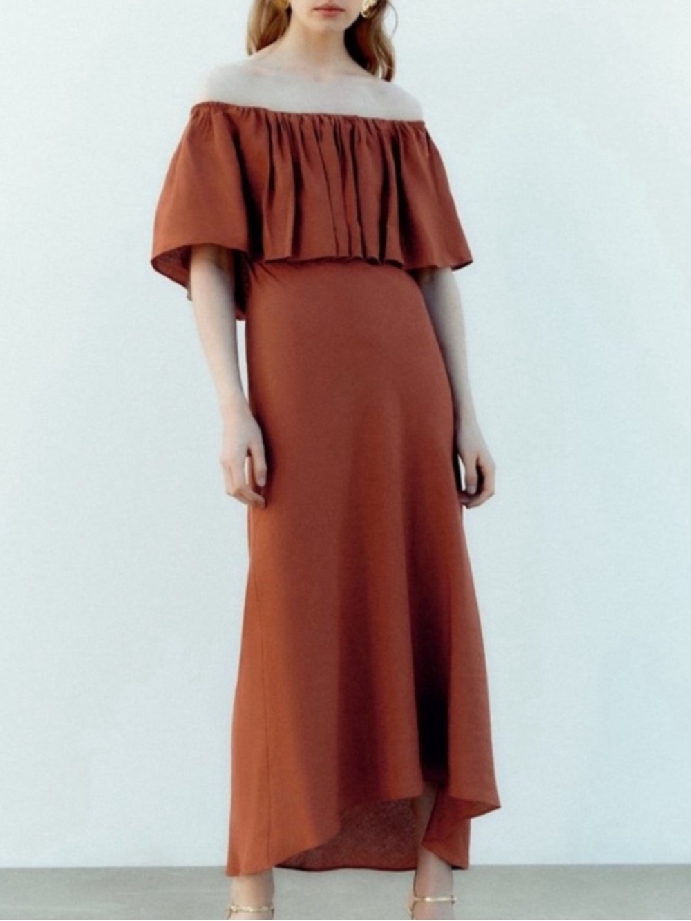 Zara Off Shoulder Linen Maxi Dress Ruffle Red Clay Size XL